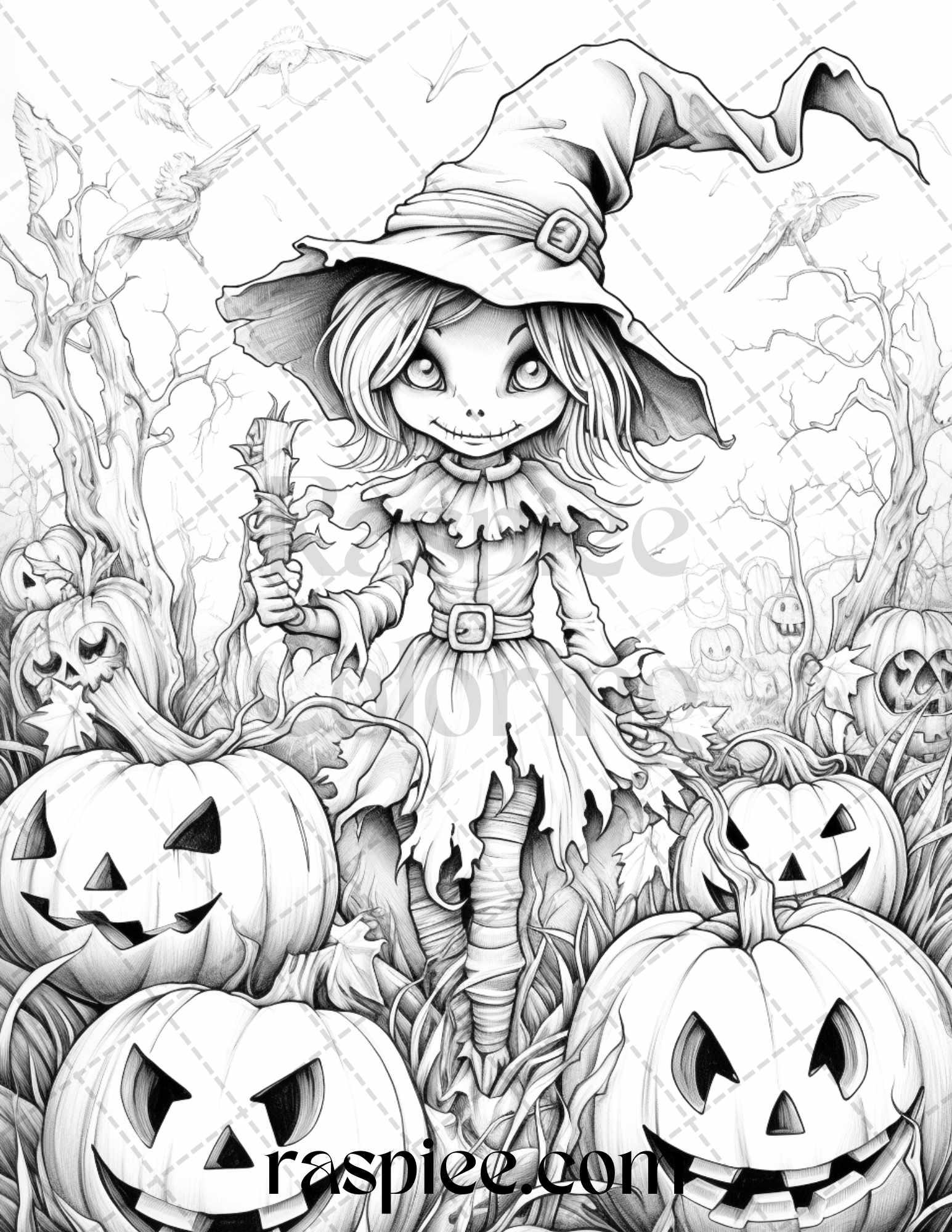50 Halloween Scarecrows Grayscale Coloring Pages Printable for Adults, PDF File Instant Download