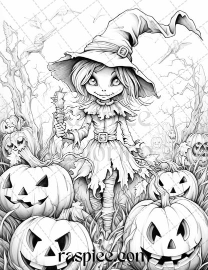 50 Halloween Scarecrows Grayscale Coloring Pages Printable for Adults, PDF File Instant Download