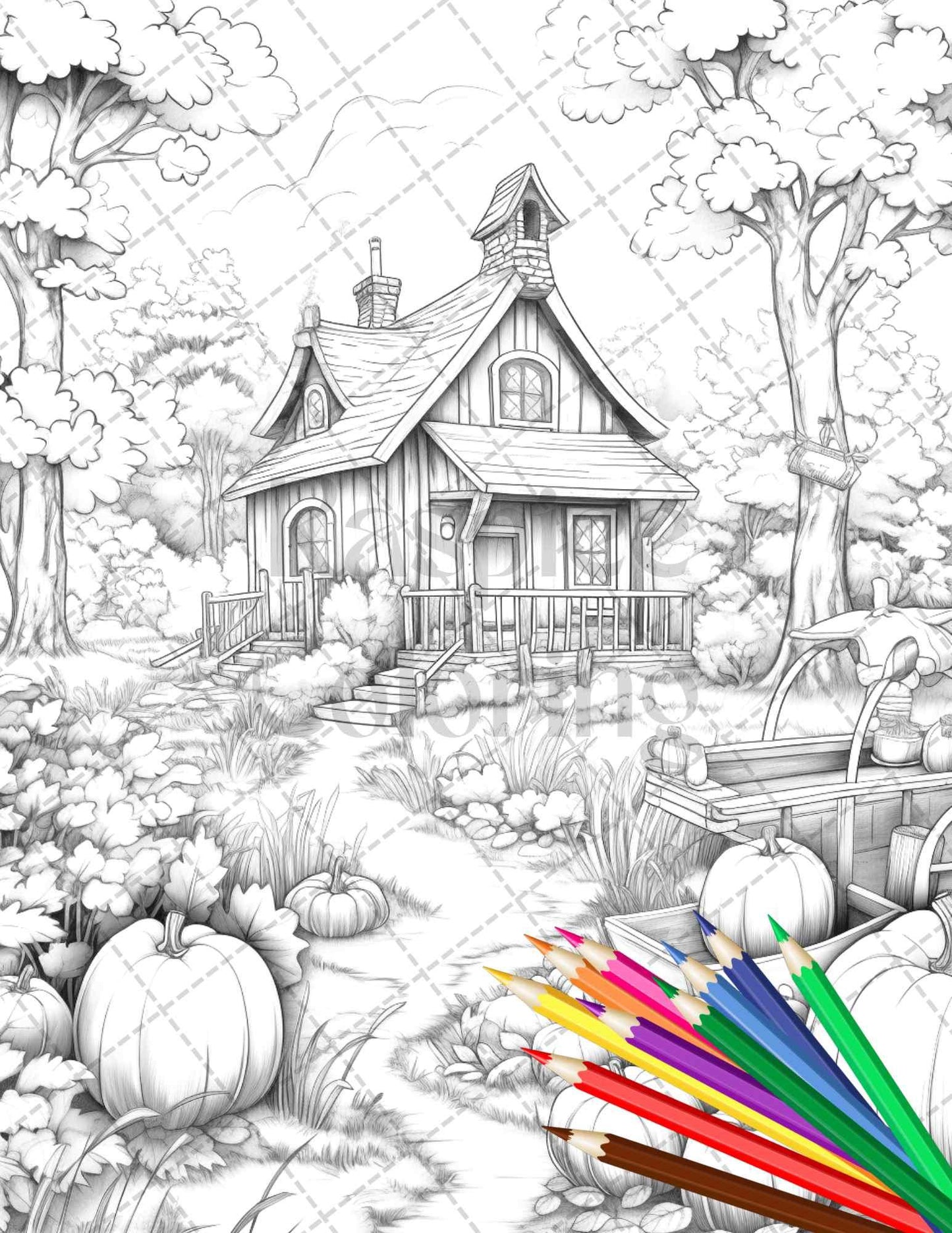 Pumpkin Garden Scenery Grayscale Coloring Pages Printable for Adults, PDF File Instant Download