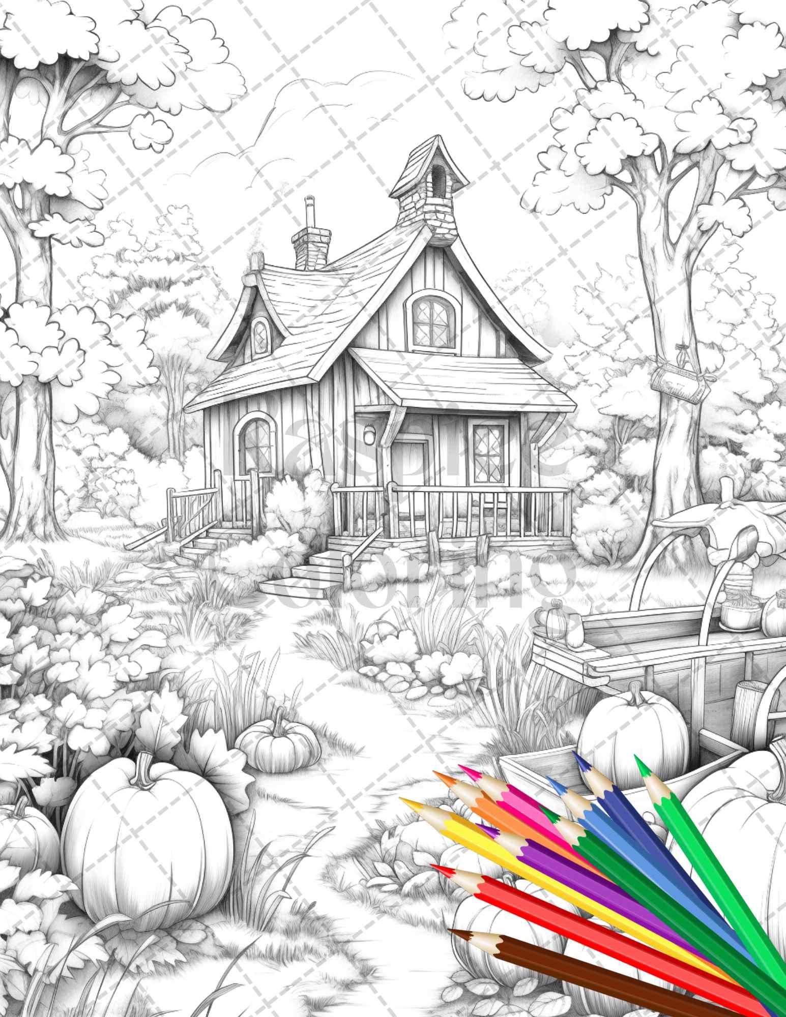 Pumpkin Garden Scenery Grayscale Coloring Pages Printable for Adults, PDF File Instant Download