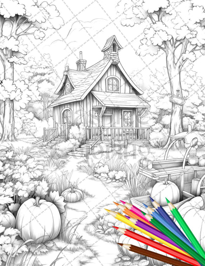Pumpkin Garden Scenery Grayscale Coloring Pages Printable for Adults, PDF File Instant Download