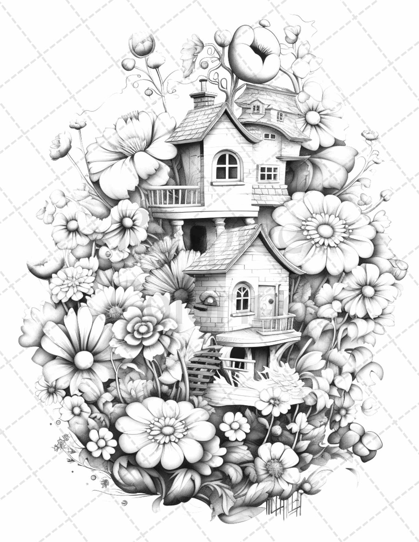 60 Flower Houses Grayscale Coloring Pages Printable for Adults, PDF File Instant Download