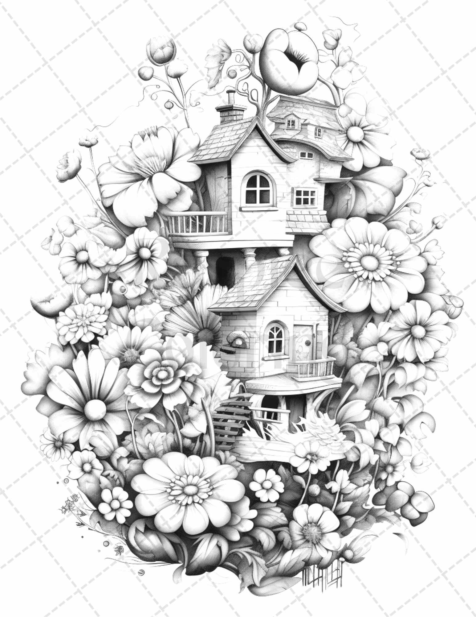 60 Flower Houses Grayscale Coloring Pages Printable for Adults, PDF File Instant Download