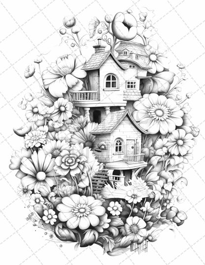 60 Flower Houses Grayscale Coloring Pages Printable for Adults, PDF File Instant Download