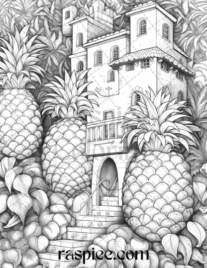 50 Pineapple Houses Grayscale Coloring Pages Printable for Adults, PDF File Instant Download