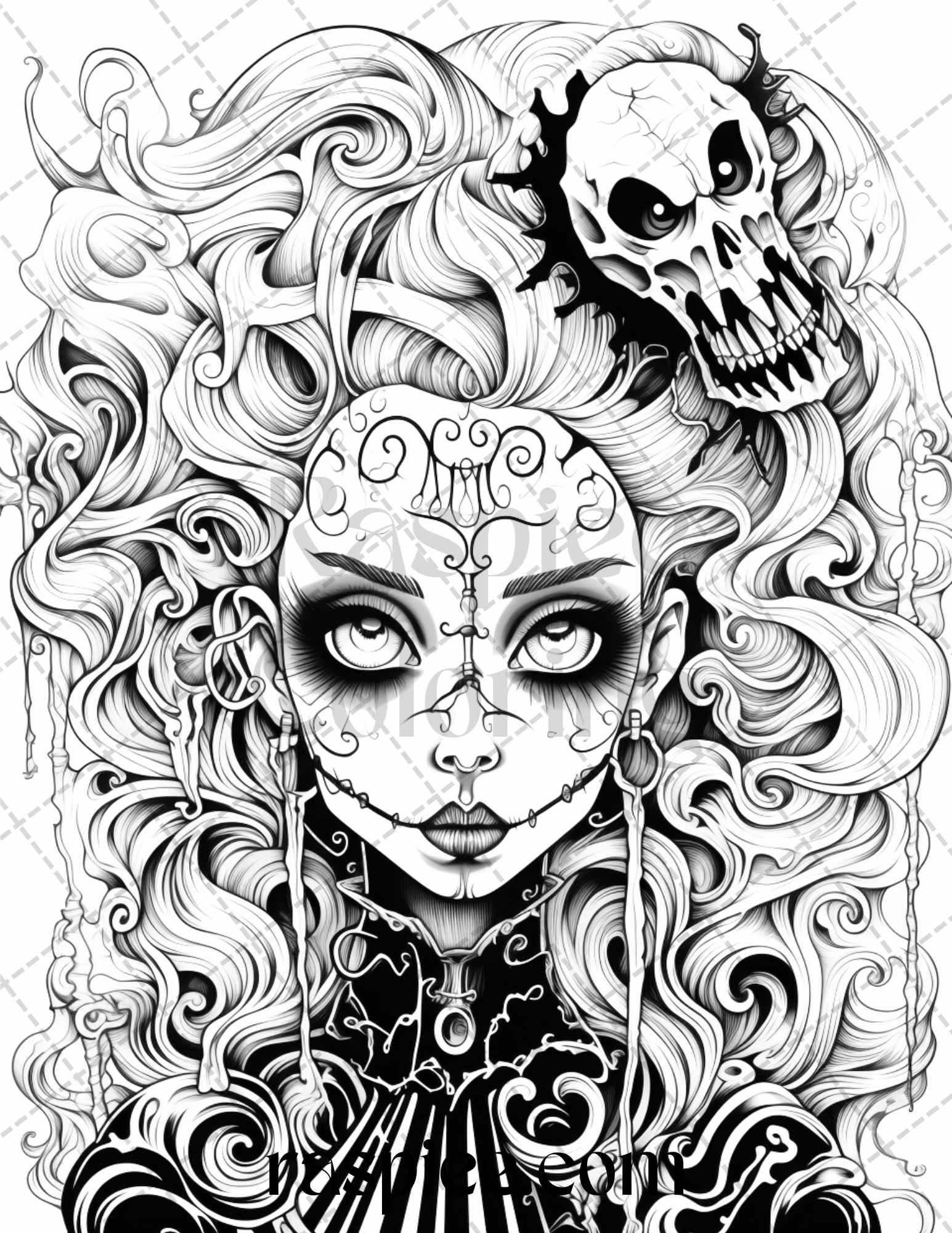50 Spooky Miss Nightmare Grayscale Coloring Pages Printable for Adults, PDF File Instant Download