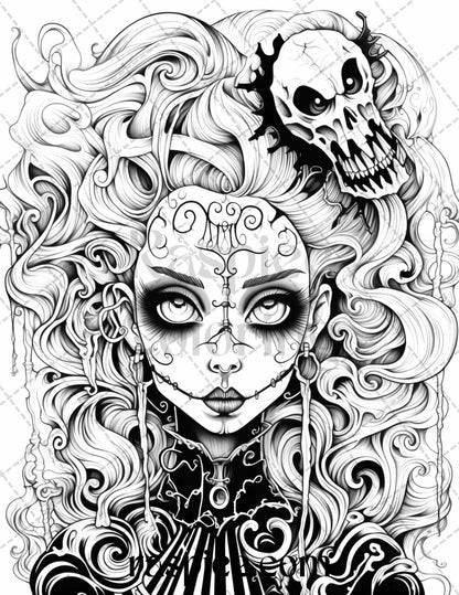 50 Spooky Miss Nightmare Grayscale Coloring Pages Printable for Adults, PDF File Instant Download