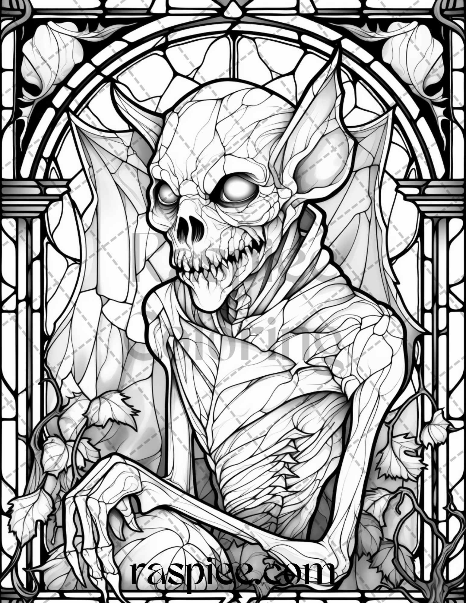 70 Halloween Stained Glass Grayscale Coloring Pages Printable for Adults, PDF File Instant Download