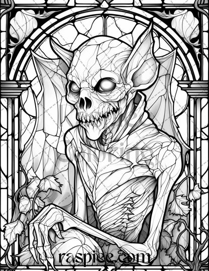 70 Halloween Stained Glass Grayscale Coloring Pages Printable for Adults, PDF File Instant Download