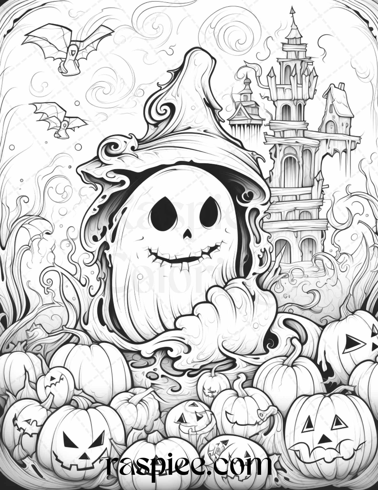 50 Halloween Cute Ghosts Grayscale Coloring Printable for Adults Kids, PDF File Instant Download