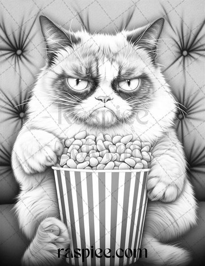 50 Grumpy Cat Grayscale Coloring Pages Printable for Adults, PDF File Instant Download