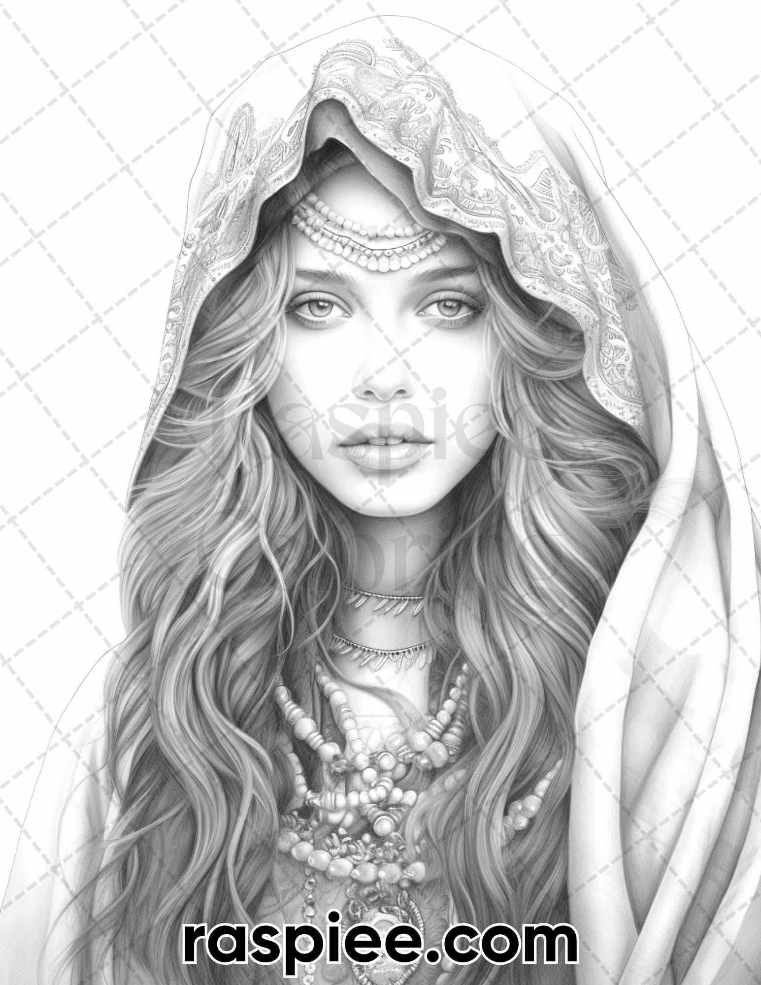 60 Bohemian Beauties Grayscale Coloring Pages for Adults, Printable PDF Instant Download