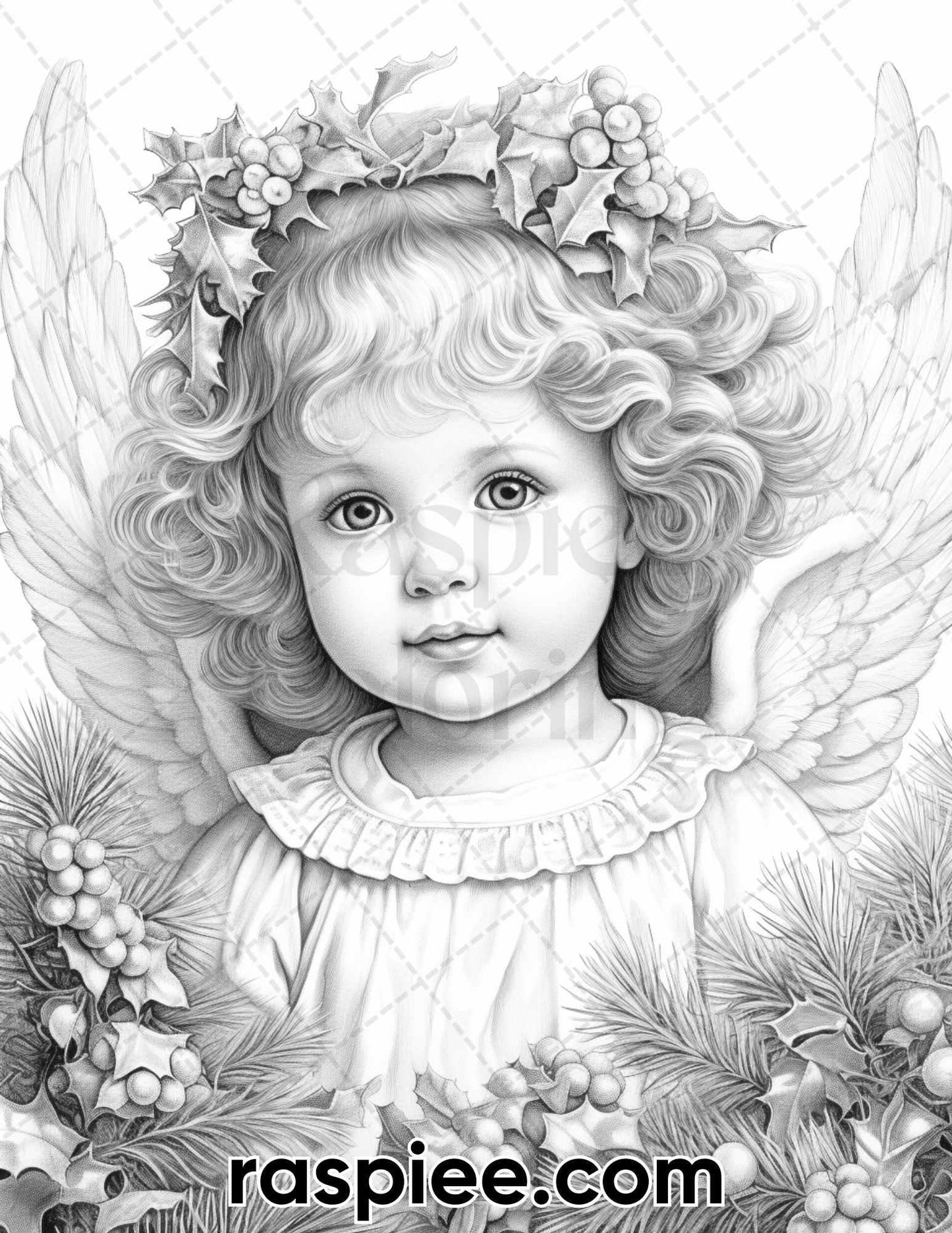 55 Christmas Angel Grayscale Coloring Pages for Adults, Printable PDF Instant Download