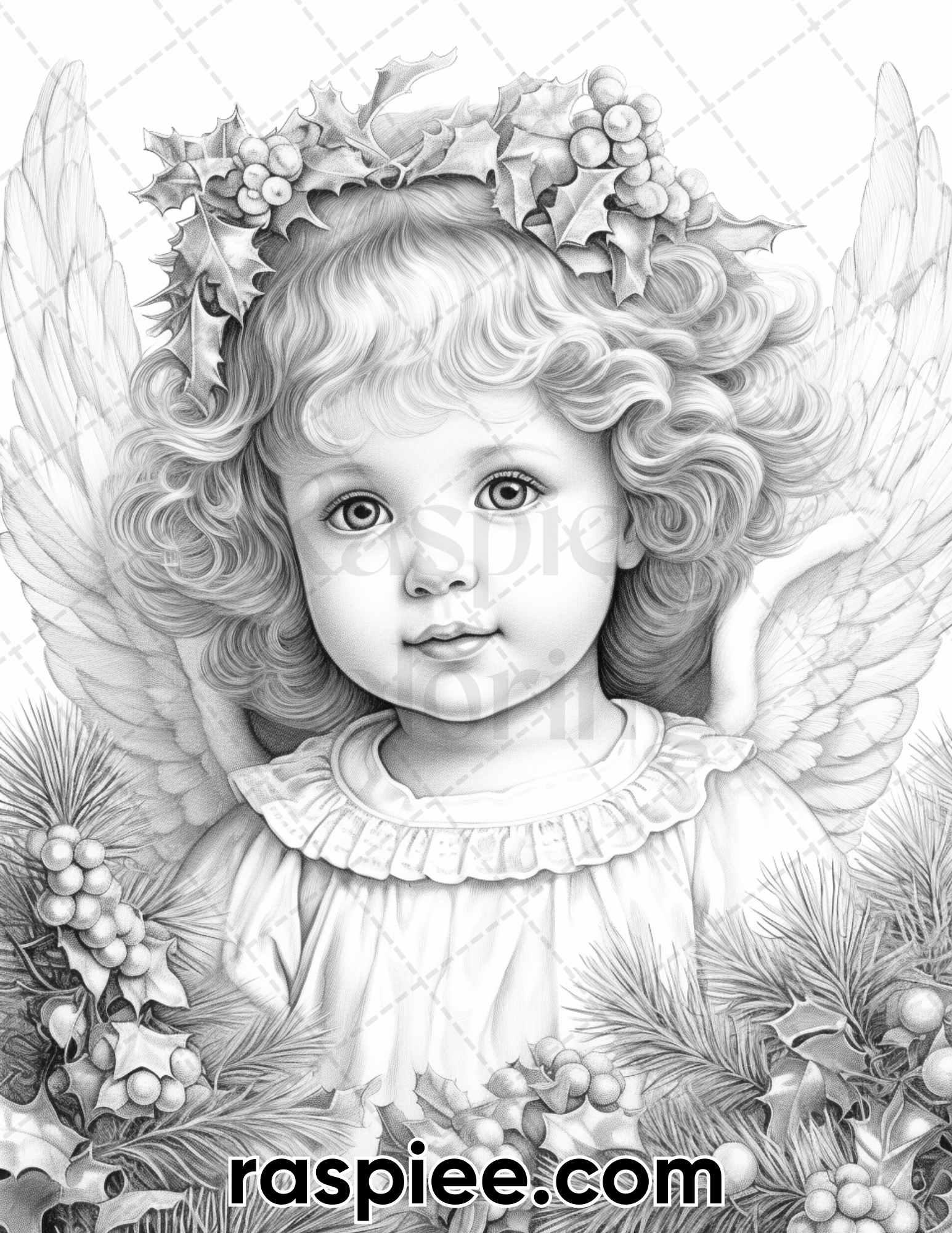 55 Christmas Angel Grayscale Coloring Pages for Adults, Printable PDF Instant Download