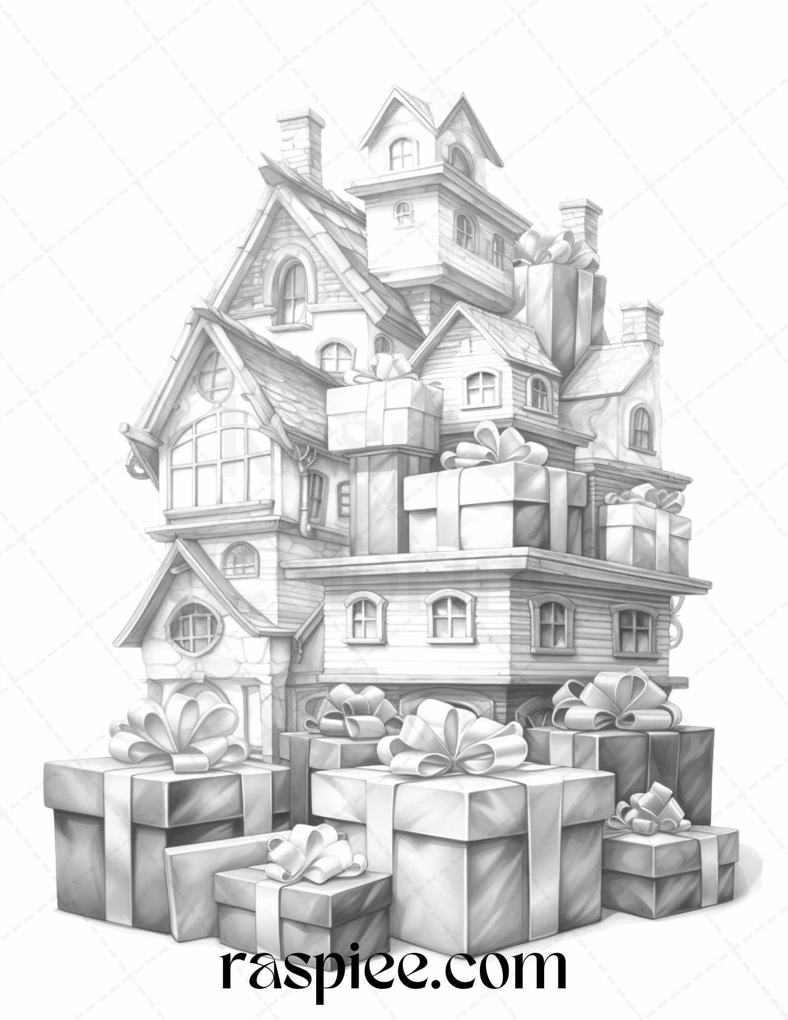 40 Adorable Gift Box Houses Grayscale Coloring Pages Printable for Adults Kids, PDF File Instant Download