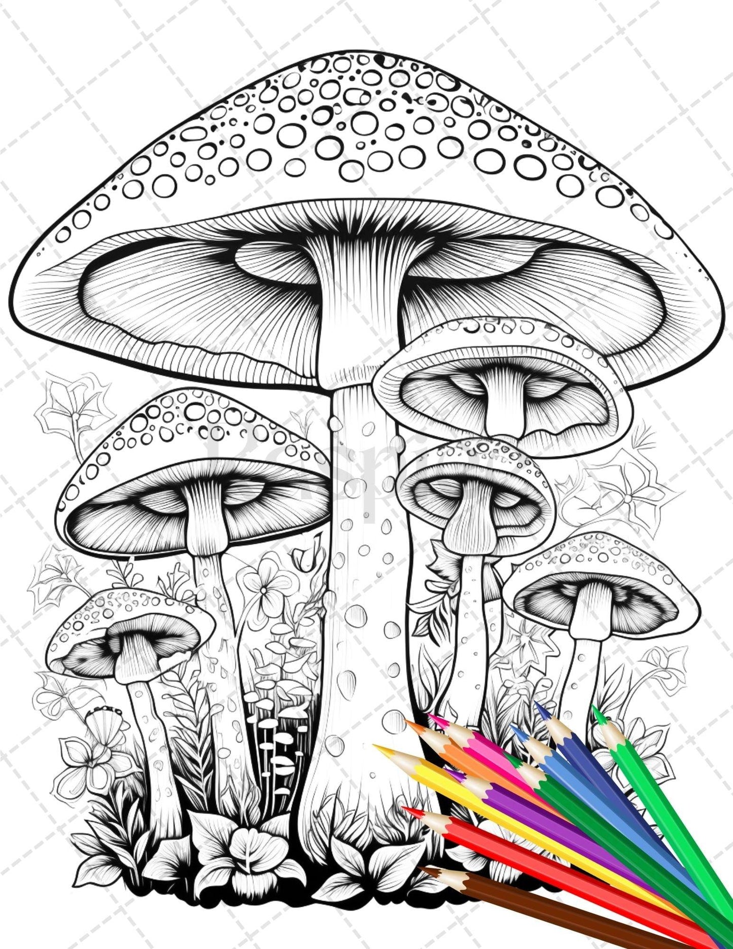 Psychedelic Mushroom Forest Coloring Book Printable for Adults, Trippy Grayscale Coloring Page, PDF File Instant Download