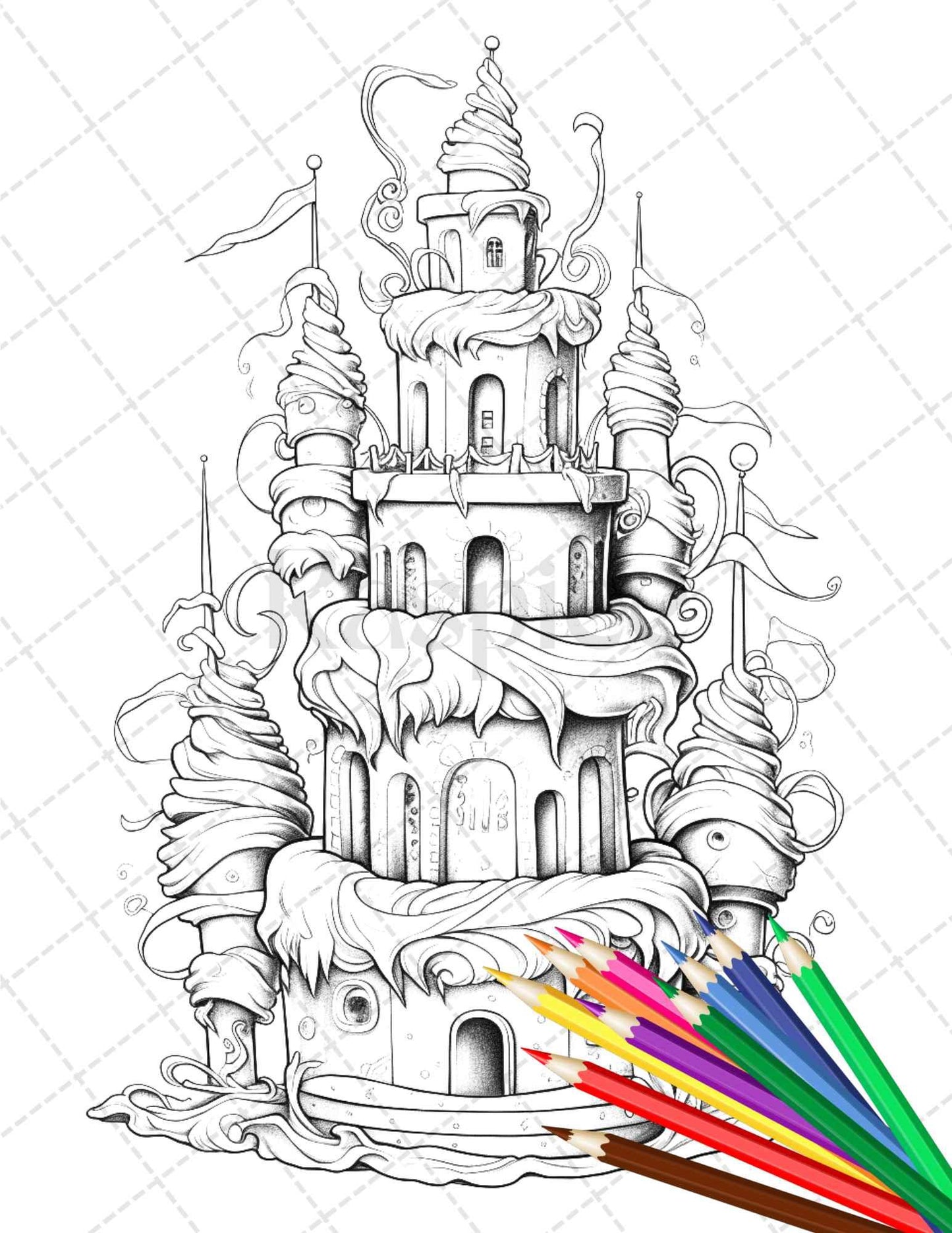 38 Whimsical Cakes Grayscale Coloring Pages for Adults, PDF File Instant Download