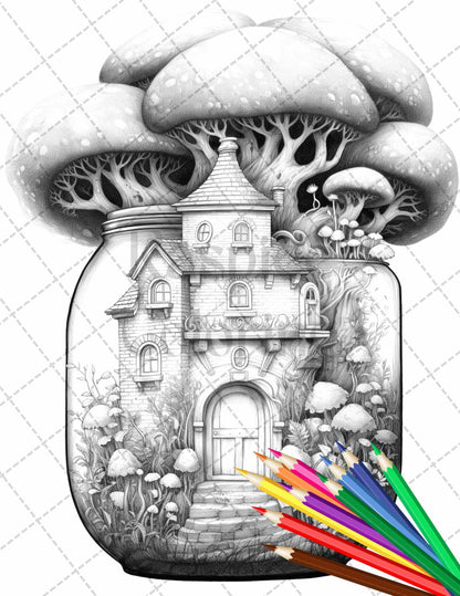 Fairy House in Jar Grayscale Coloring Pages Printable for Adults, PDF File Instant Download