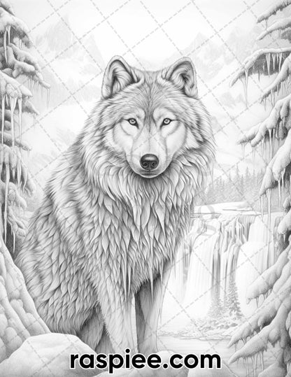 50 Winter Wolf Grayscale Coloring Pages for Adults, Printable PDF Instant Download