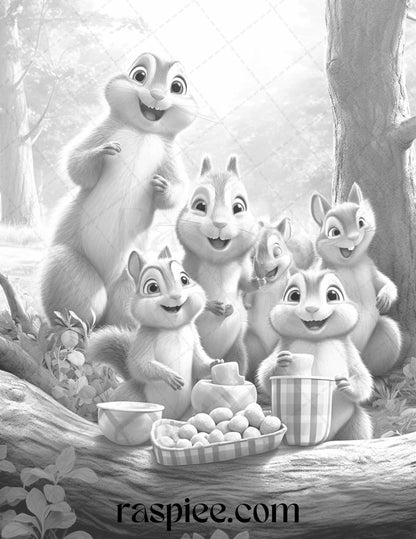 52 Adorable Squirrels Grayscale Coloring Pages Printable for Adults Kids, PDF File Instant Download