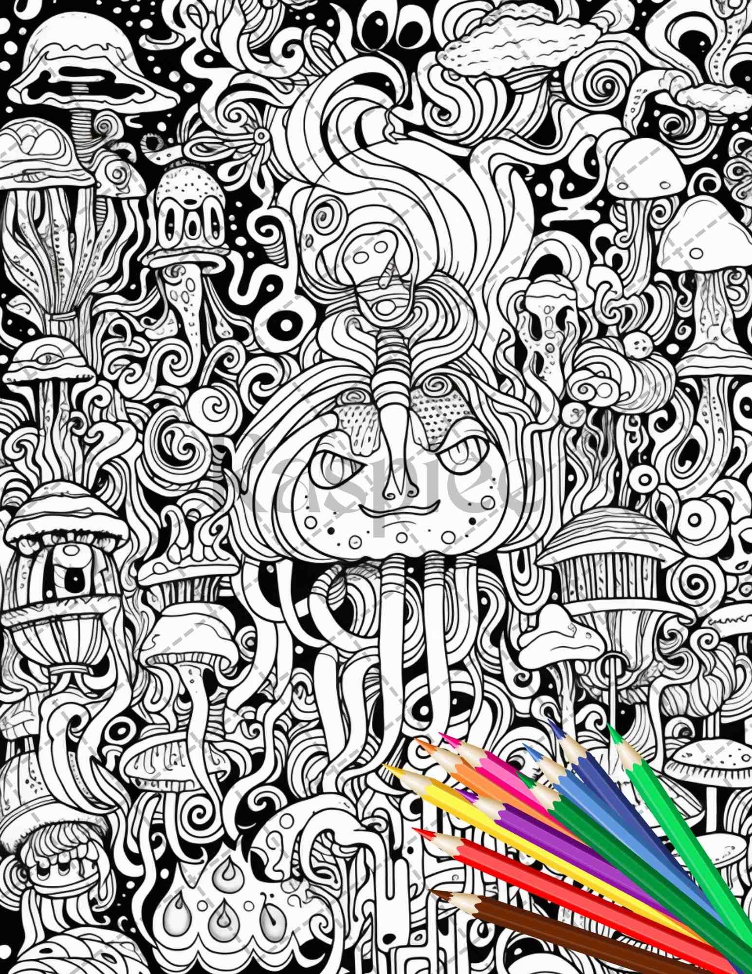 Psychedelic Trippy Coloring Book Printable for Adults, Grayscale Coloring Page, PDF File Instant Download