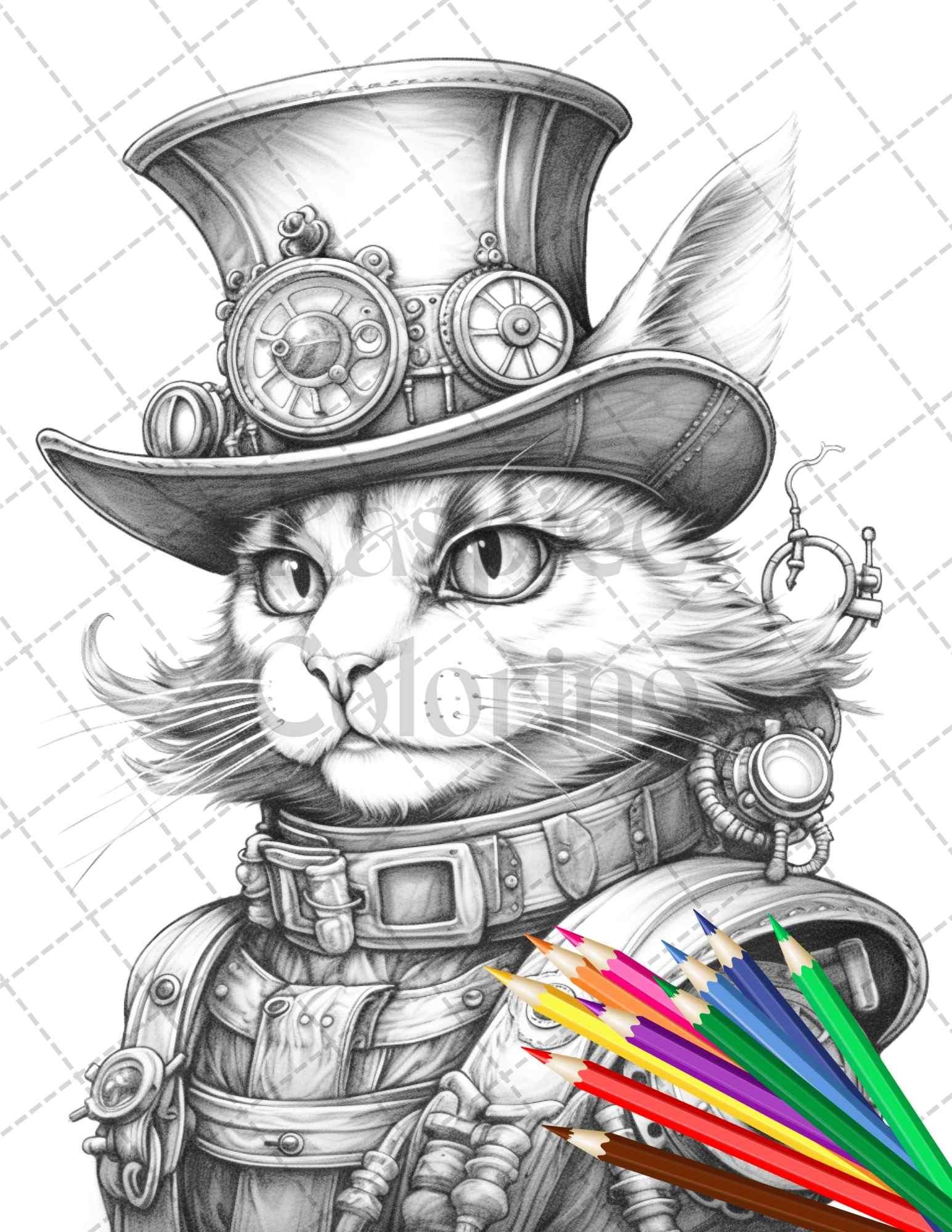 60 Steampunk Animals Grayscale Coloring Pages Printable for Adults, PDF File Instant Download