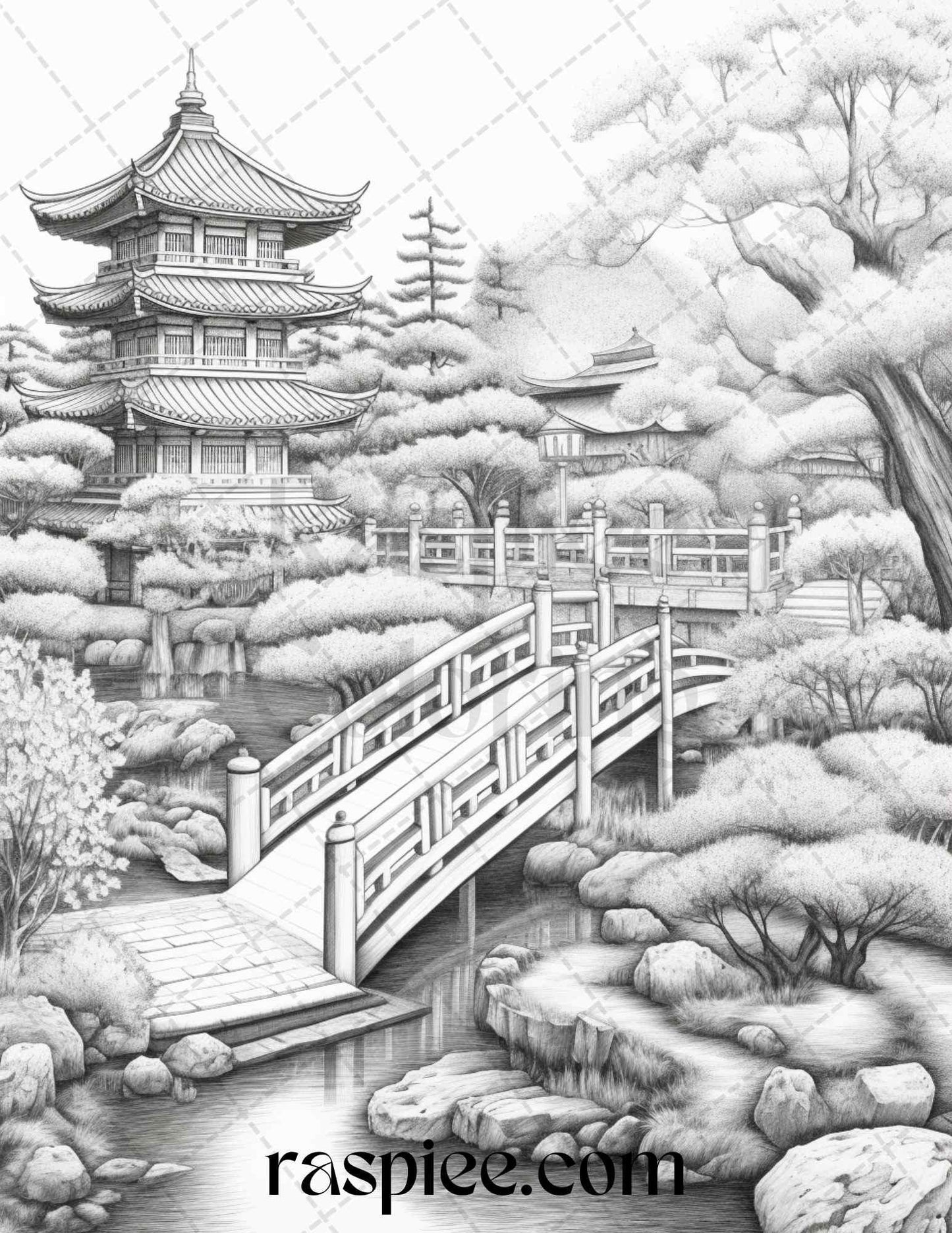 Japanese Garden Grayscale Coloring Pages Printable for Adults, PDF File Instant Download