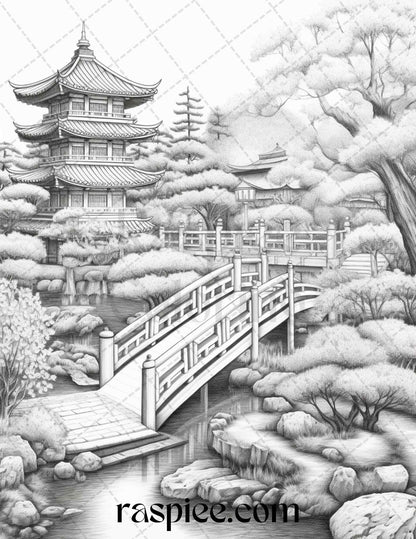 Japanese Garden Grayscale Coloring Pages Printable for Adults, PDF File Instant Download