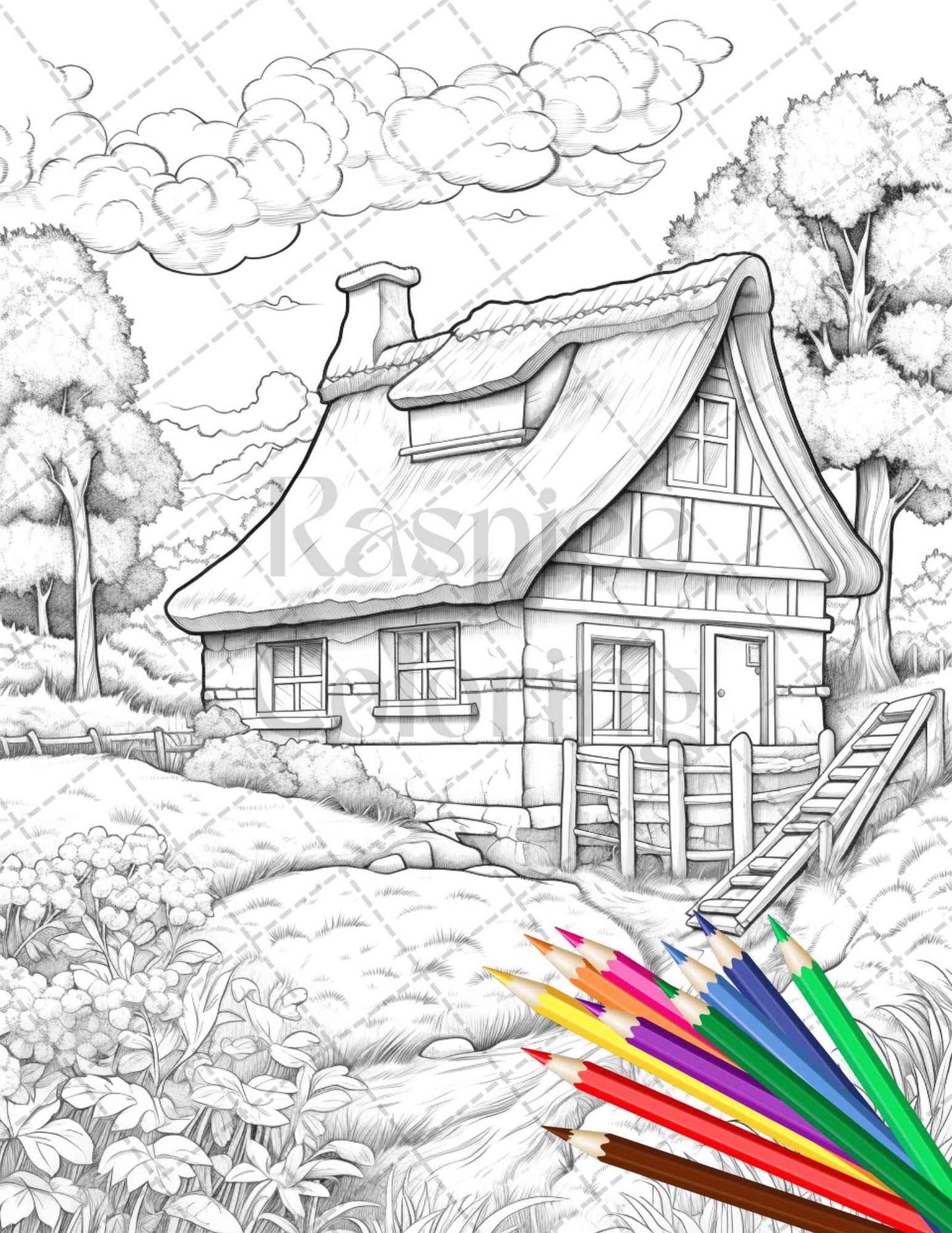 Charming Farmhouse Scenery Grayscale Coloring Pages Printable for Adults, PDF File Instant Download