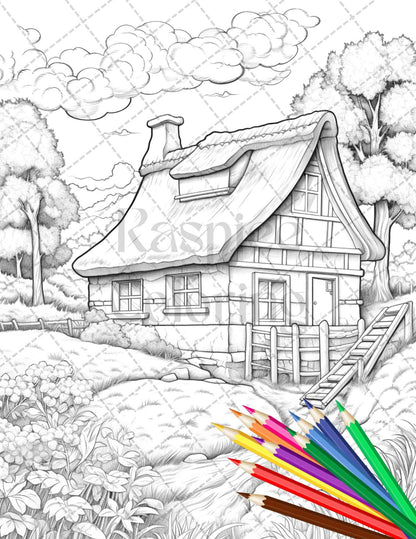 Charming Farmhouse Scenery Grayscale Coloring Pages Printable for Adults, PDF File Instant Download