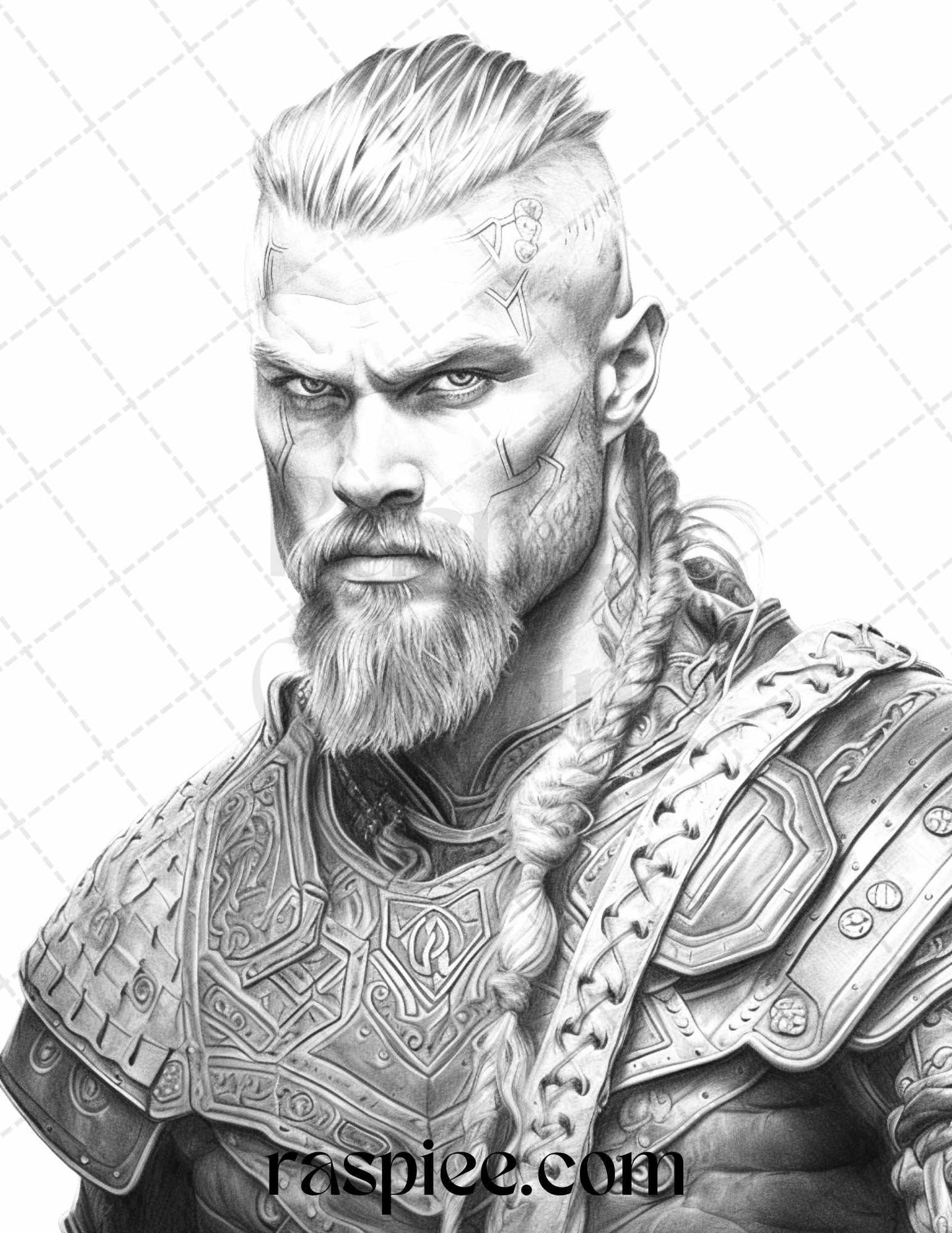 55 Viking Warriors Portrait Grayscale Coloring Pages Printable for Adults, PDF File Instant Download