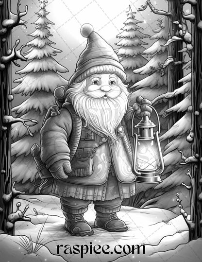 60 Christmas Gnomes Grayscale Coloring Pages Printable for Adults and Kids, PDF File Instant Download