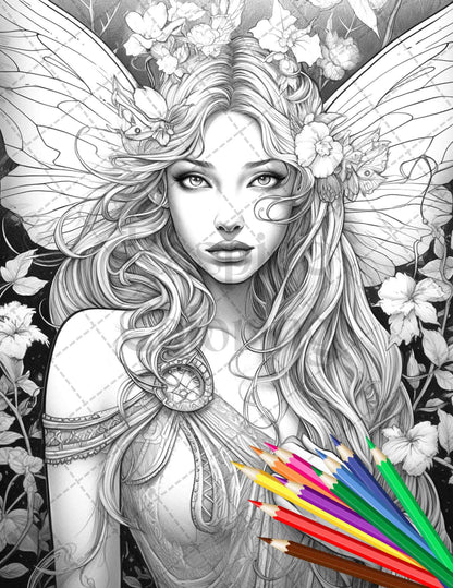 Beautiful Dark Fairy Grayscale Coloring Pages Printable for Adults, PDF File Instant Download
