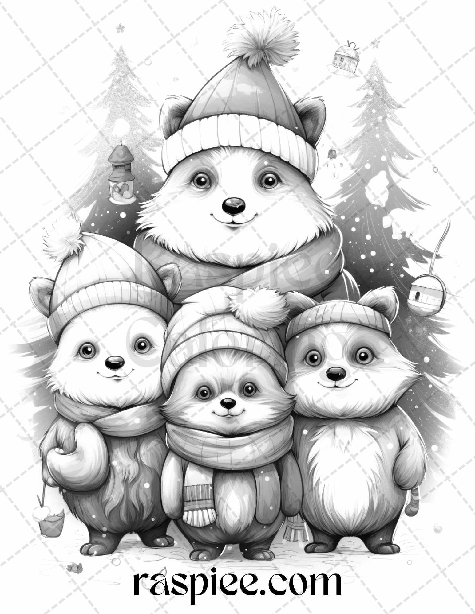 70 Christmas Critters Grayscale Coloring Pages Printable for Adults and Kids, PDF File Instant Download