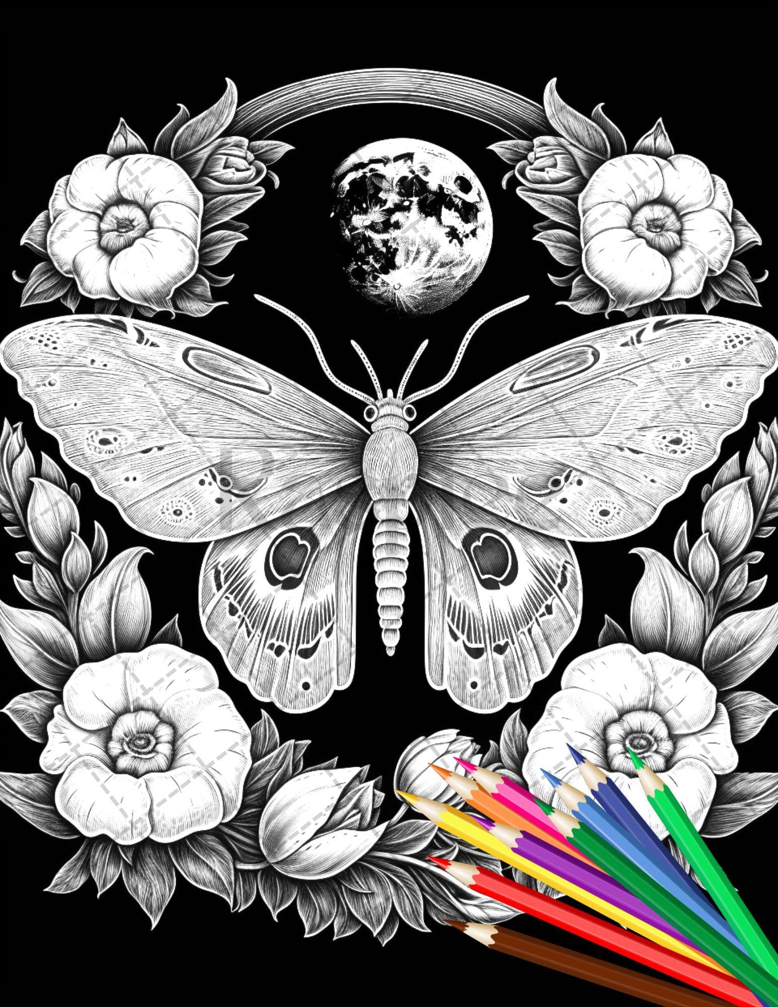 32 Beautiful Moths and Floral Coloring Book for Adults, Grayscale Coloring Page, Printable PDF Instant Download
