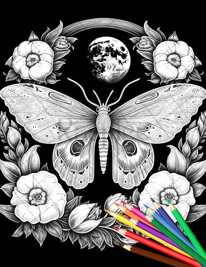 32 Beautiful Moths and Floral Coloring Book for Adults, Grayscale Coloring Page, Printable PDF Instant Download