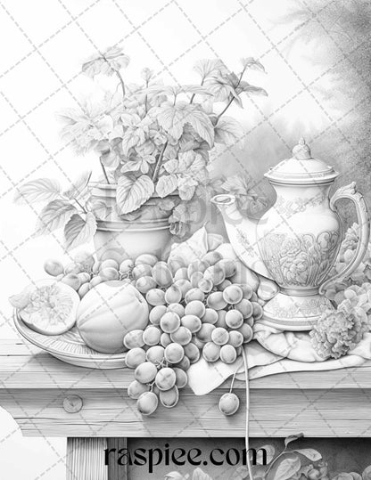 52 Still Life Grayscale Coloring Pages Printable for Adults, PDF File Instant Download