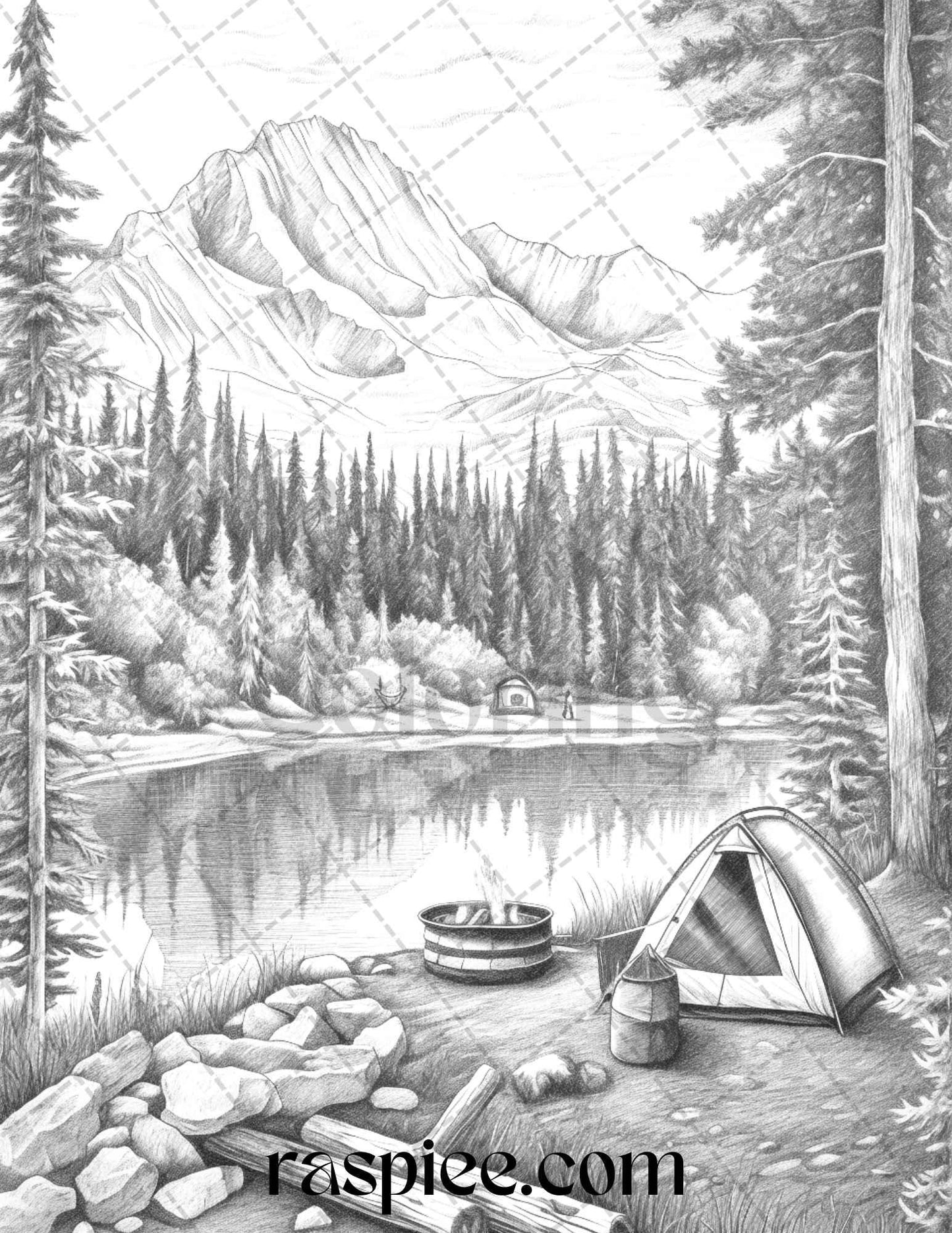 Nature Camping Grayscale Coloring Pages Printable, Relaxing Outdoor Scenes, PDF File Instant Download