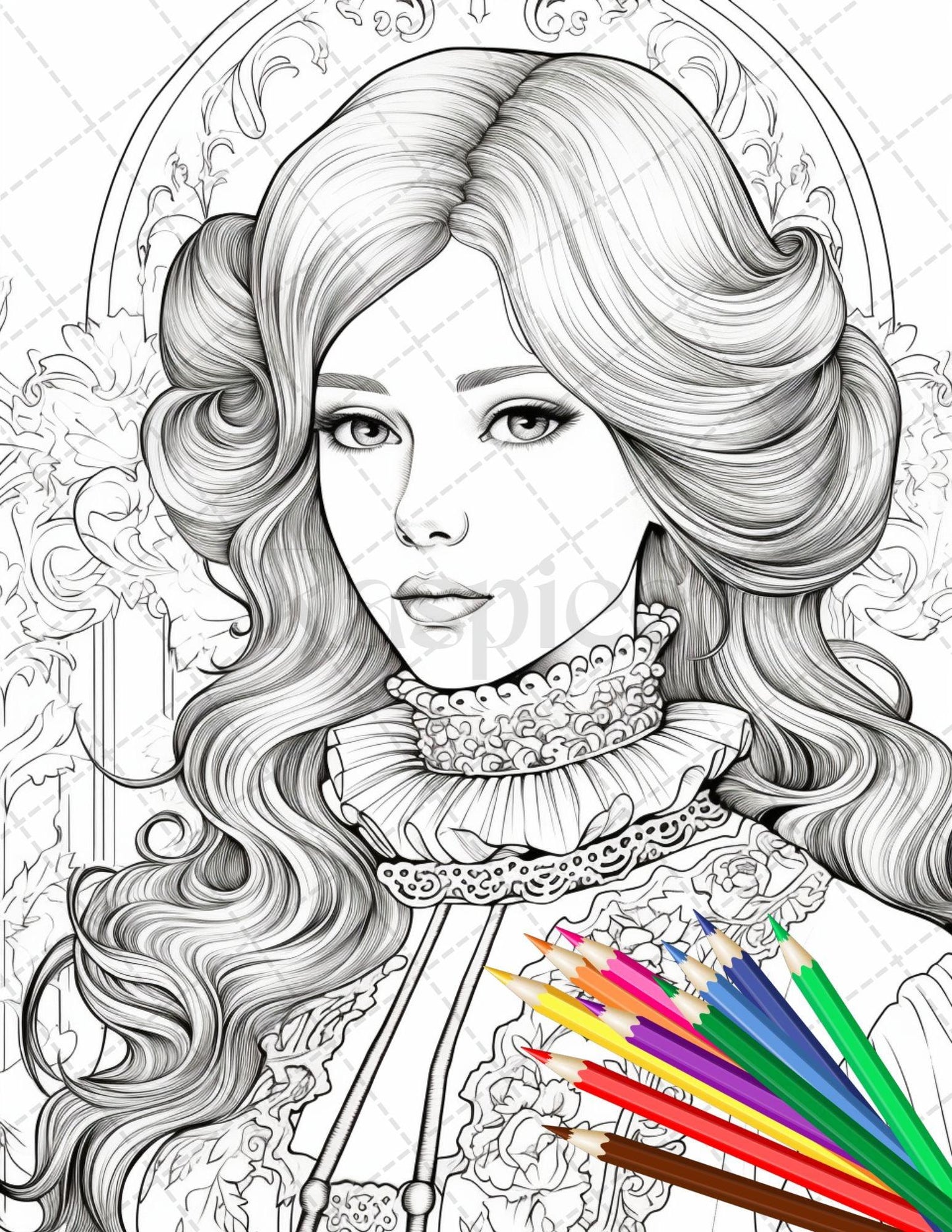 36 Beautiful Victorian Girls Coloring Pages Printable for Adults, Grayscale Coloring Page, PDF File Instant Download