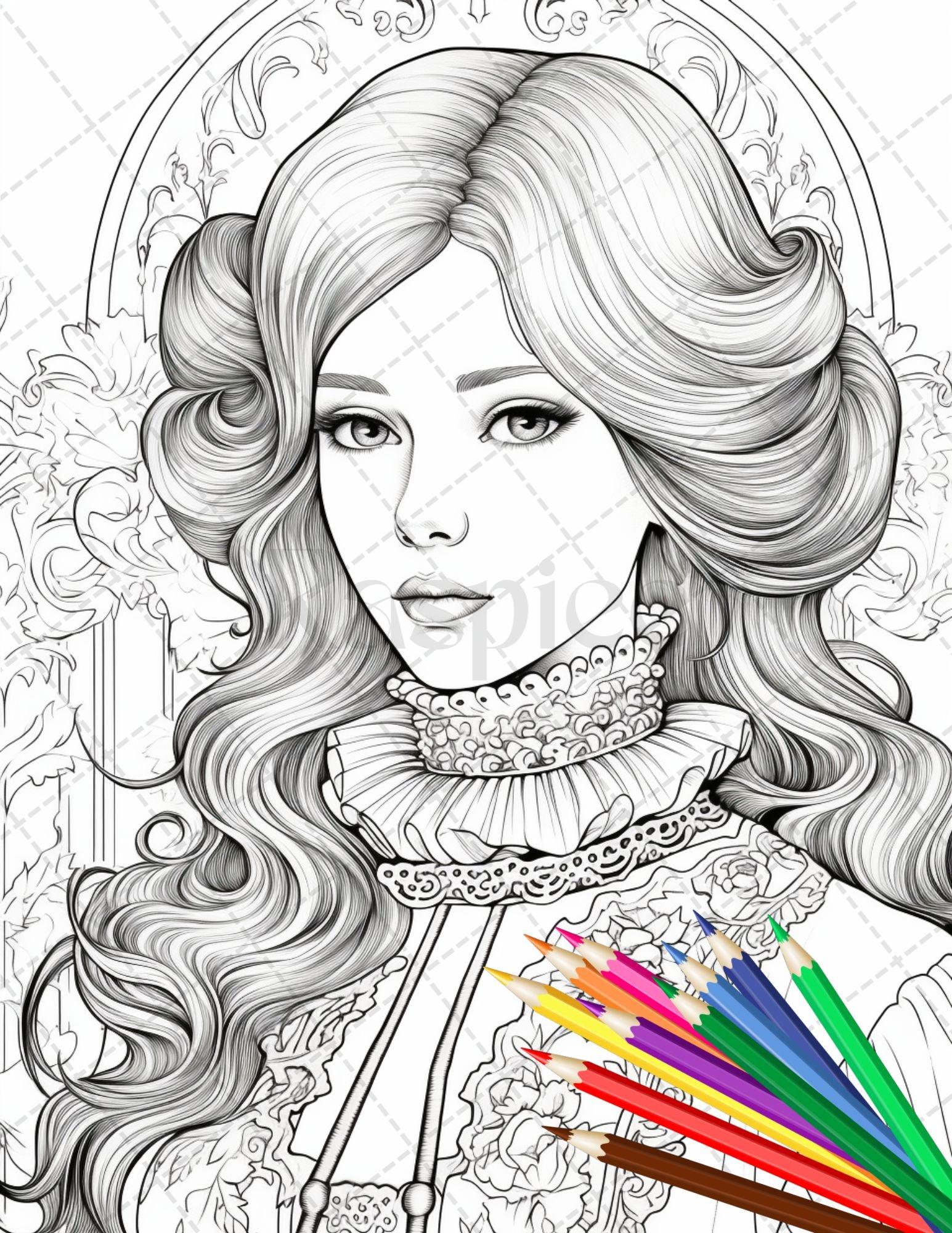 36 Beautiful Victorian Girls Coloring Pages Printable for Adults, Grayscale Coloring Page, PDF File Instant Download