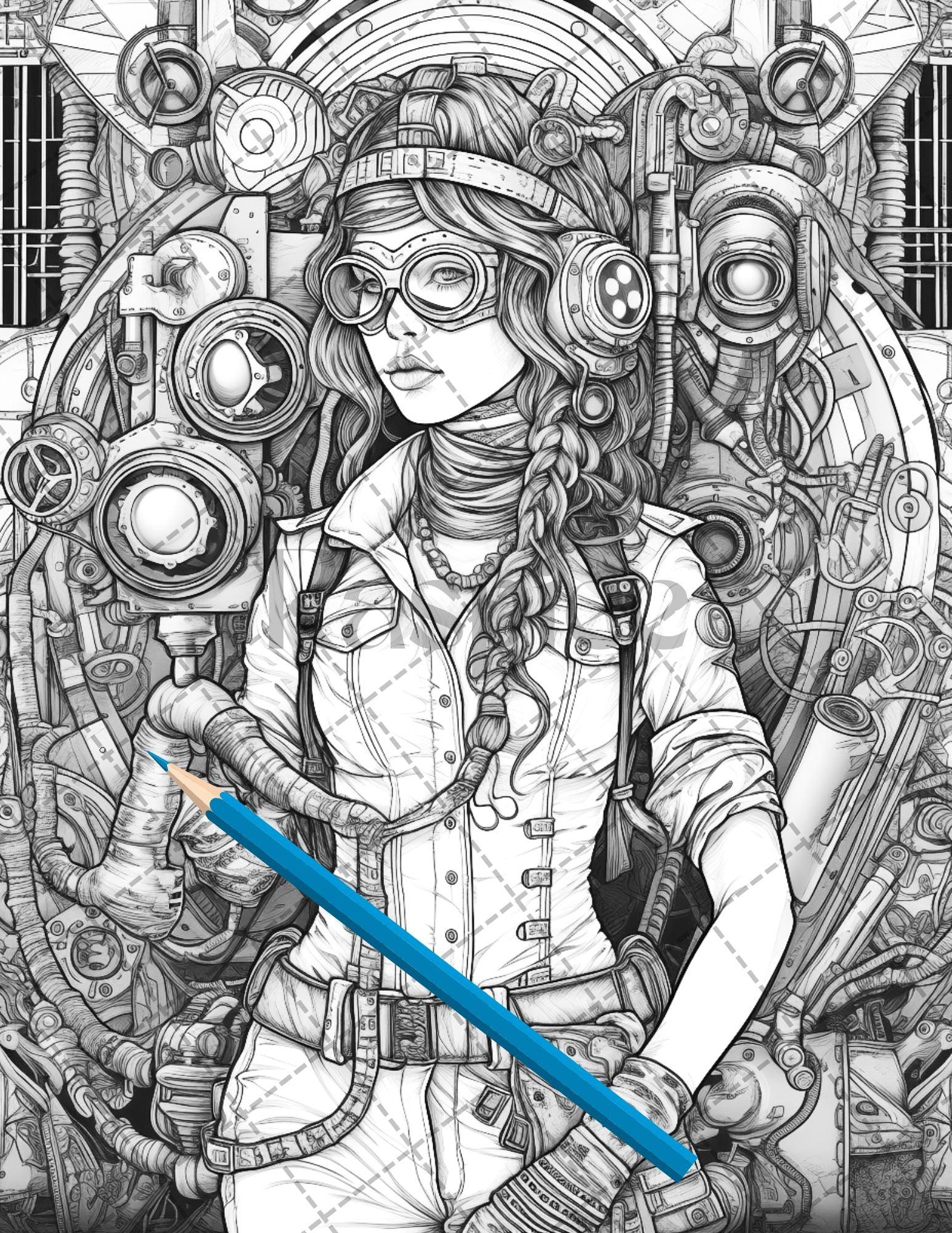 30 Steampunk Girls Coloring Pages Printable for Adults, Victorian Inspired Adult Grayscale Coloring Book, PDF File Download