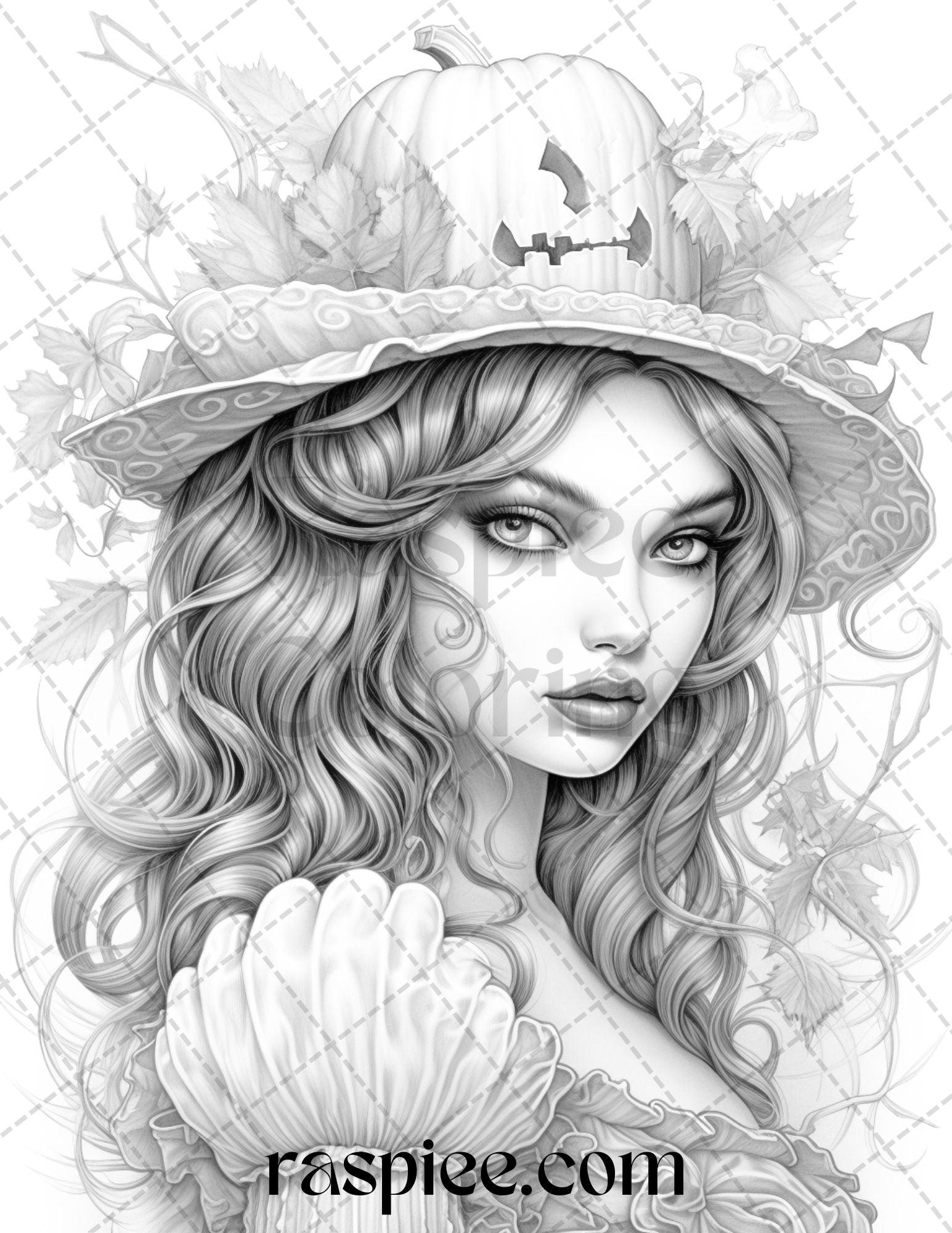 55 Halloween Girls Grayscale Coloring Pages Printable for Adults, PDF File Instant Download