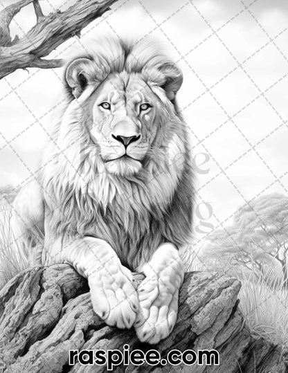 55 Wild Animals Grayscale Coloring Pages for Adults, Printable PDF Instant Download