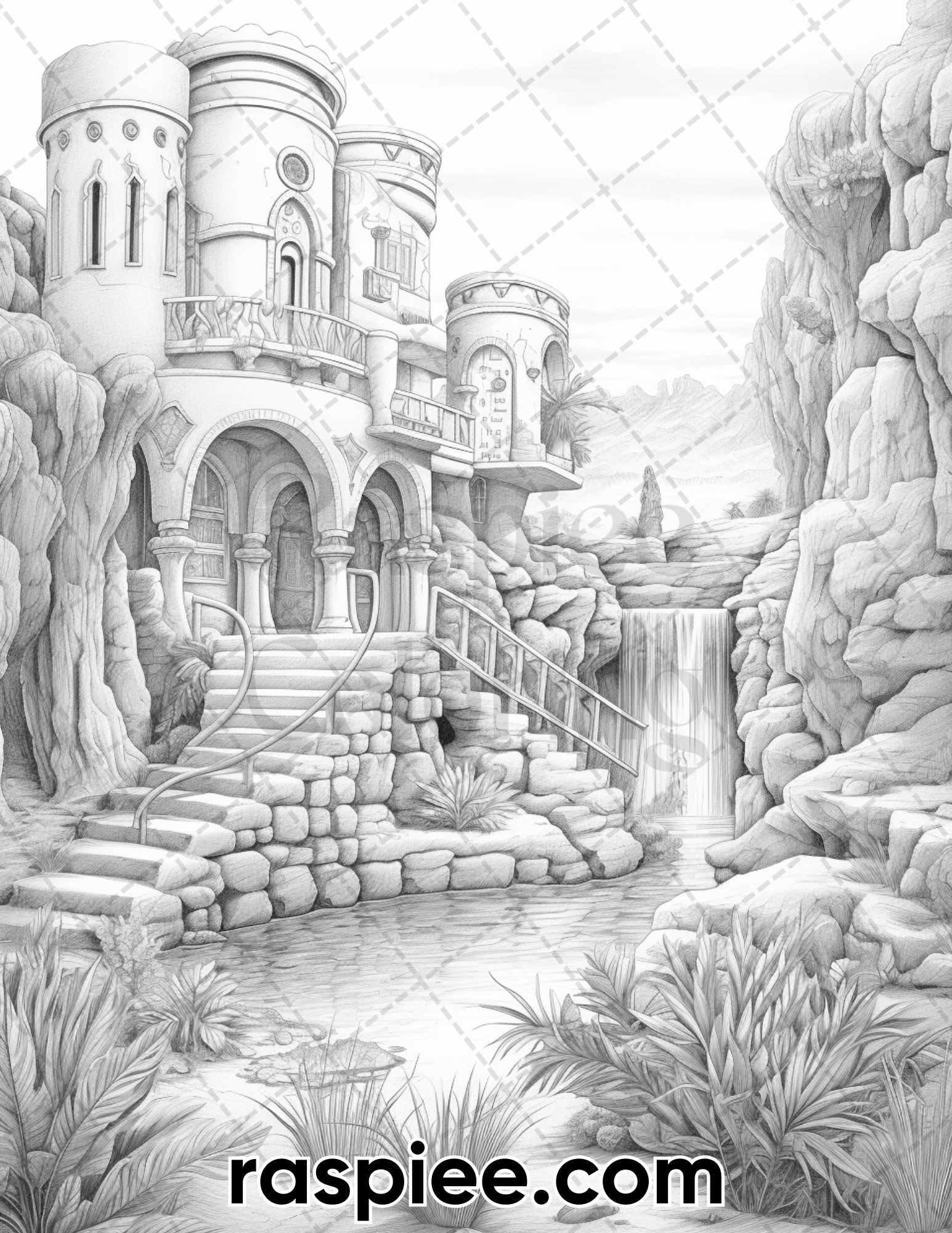 55 Desert Oasis Fairy Homes Grayscale Coloring Pages for Adults, Printable PDF Instant Download