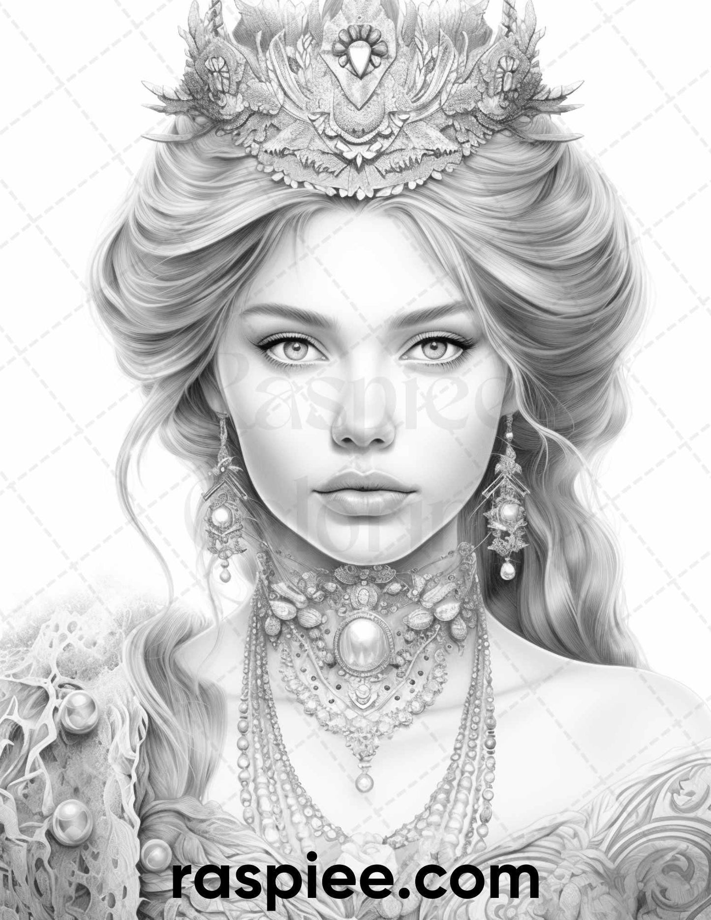 50 Winter Queens Portrait Grayscale Coloring Pages Printable for Adults, PDF File Instant Download