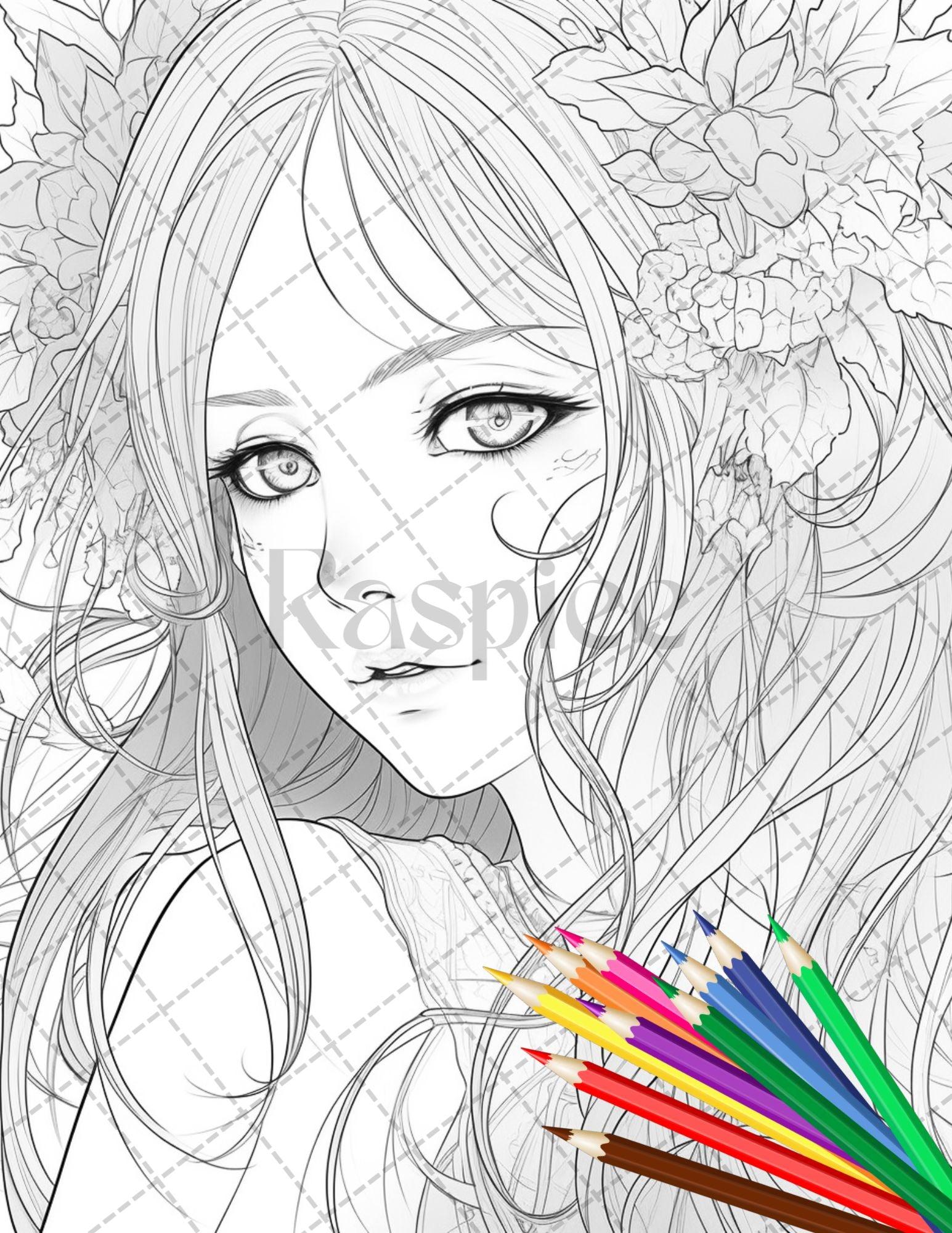 32 Anime Fairy Girl Printable Coloring Pages for Adults, Cute Fairy Grayscale Coloring Book, Printable PDF File Download