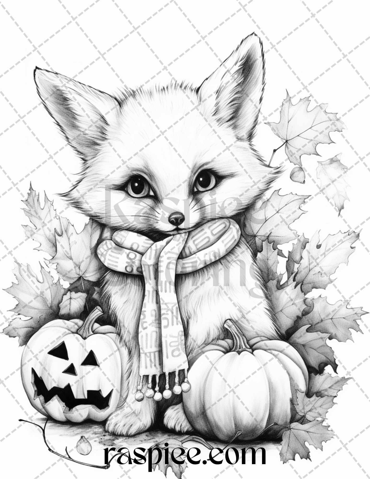 40 Cute Fall Animals Grayscale Coloring Pages Printable for Adults and Kids, PDF File Instant Download