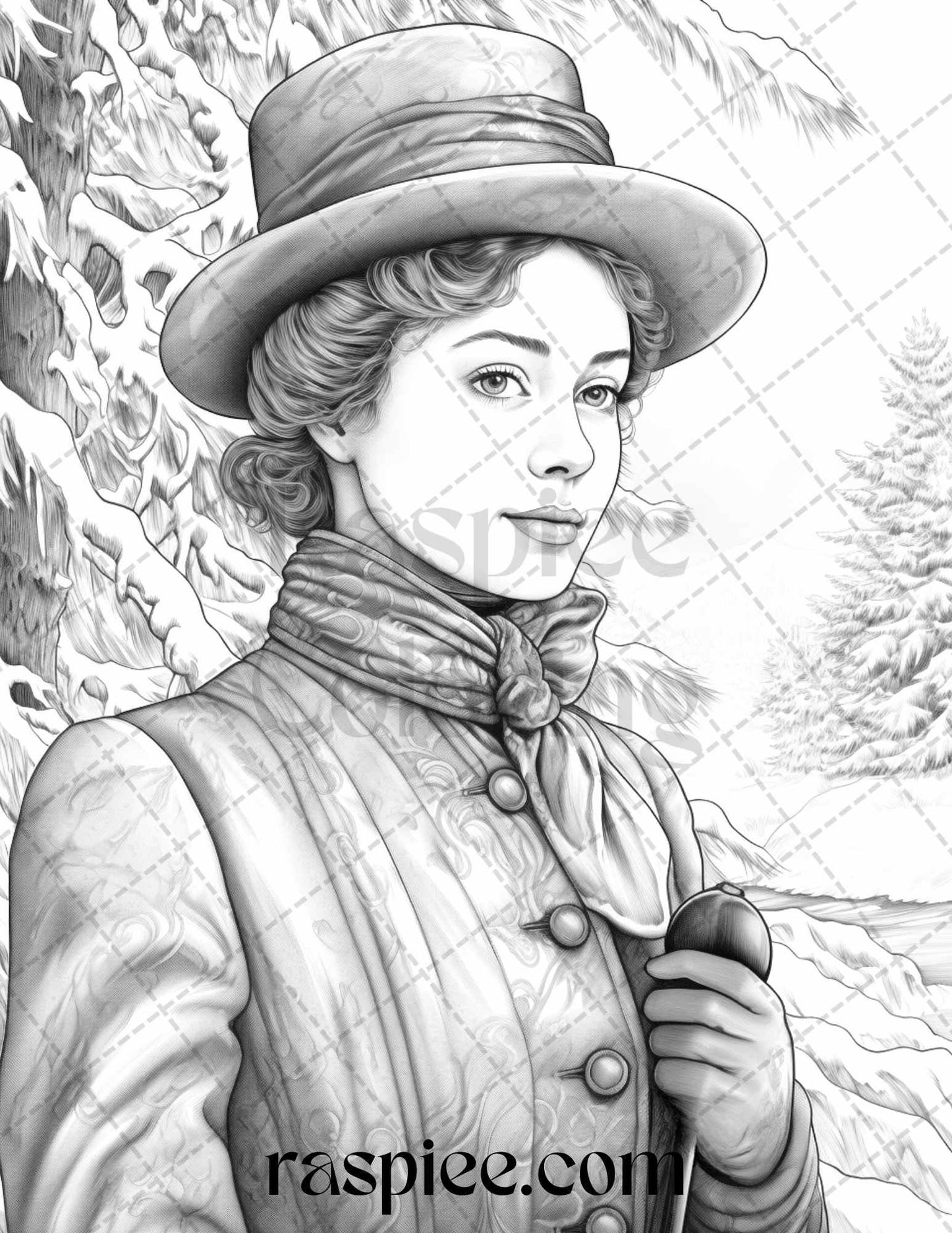 60 Victorian Winter Portrait Grayscale Coloring Pages Printable for Adults, PDF File Instant Download