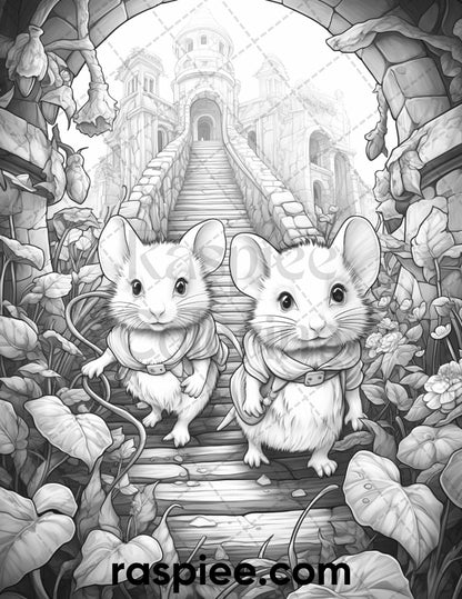 50 Enchanting Fairytale Mice Grayscale Coloring Pages Printable for Adults, PDF File Instant Download