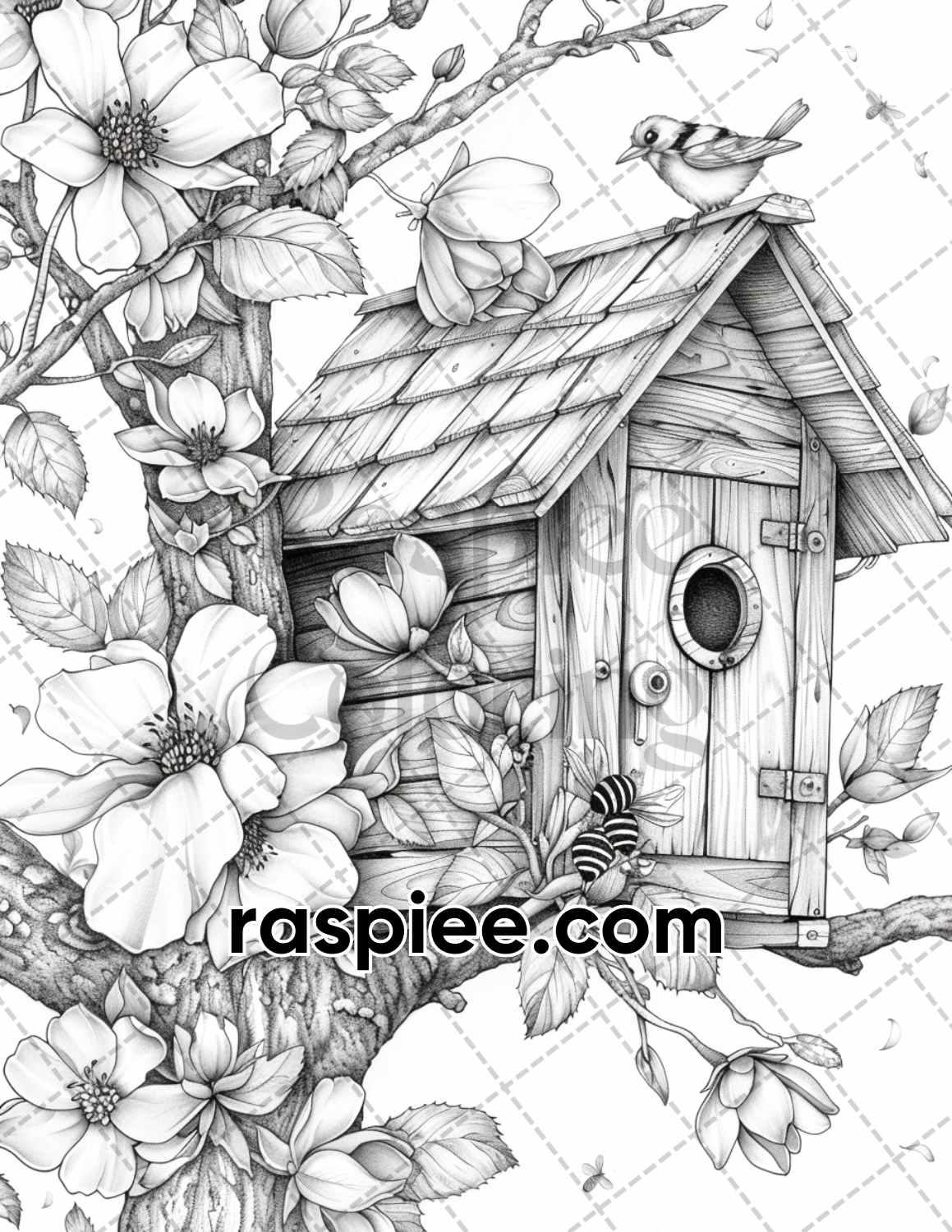 70 Enchanted Birdhouses Grayscale Adult Coloring Pages, Printable PDF Instant Download